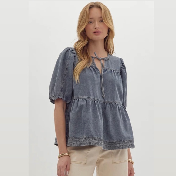 100% Cotton Entro Tie Front Blouse V-Neck Bubble Sleeve Tiered Babydoll Denim - Picture 1 of 7